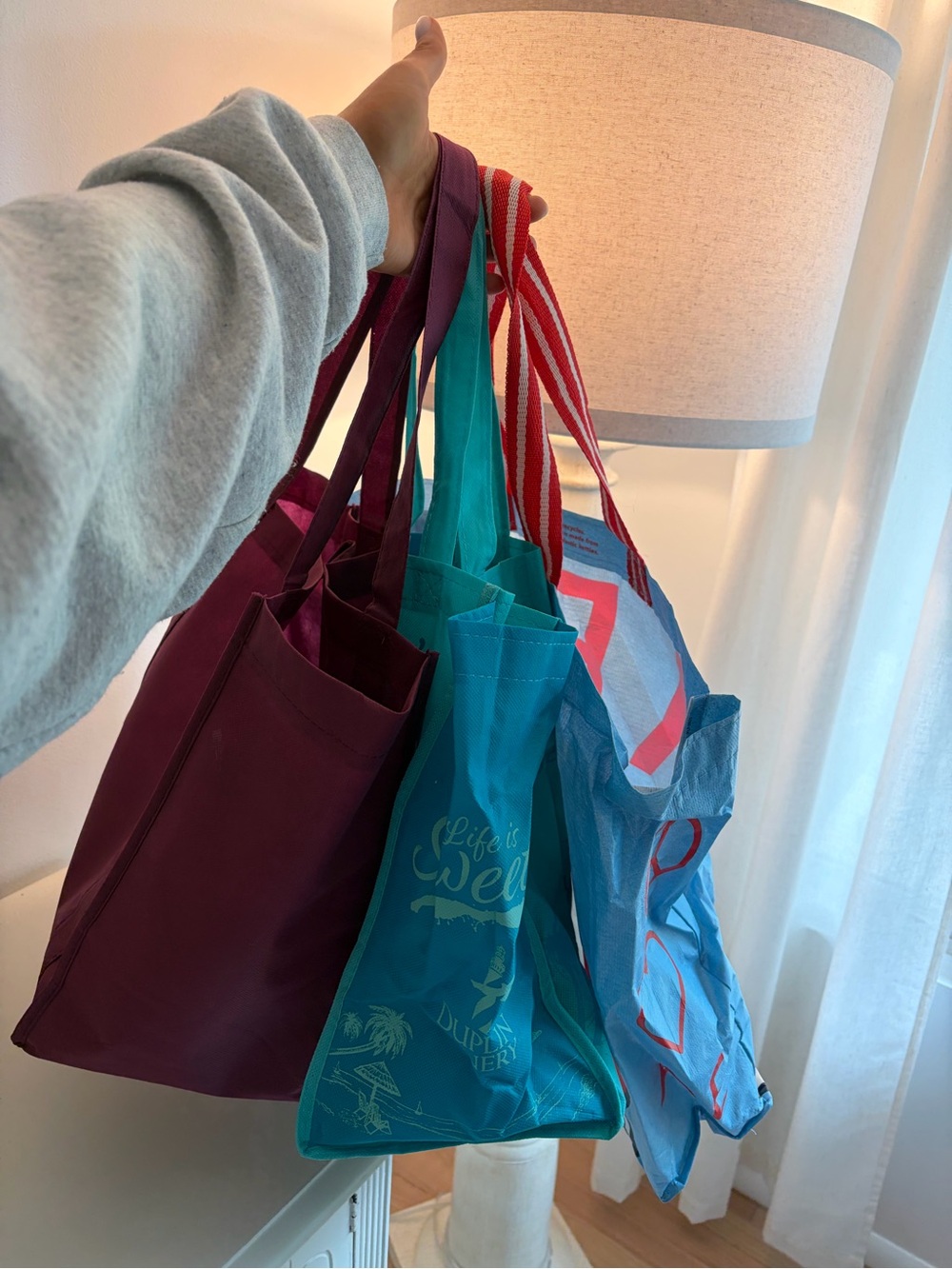 Multi-Color Reusable Tote Bags - Blue, Teal, Burgundy Set of 3